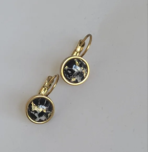 Elegant Hand Crafted Boho Black Gold Gemstone Marble Circle Drop Dangle Earrings - Picture 7 of 13